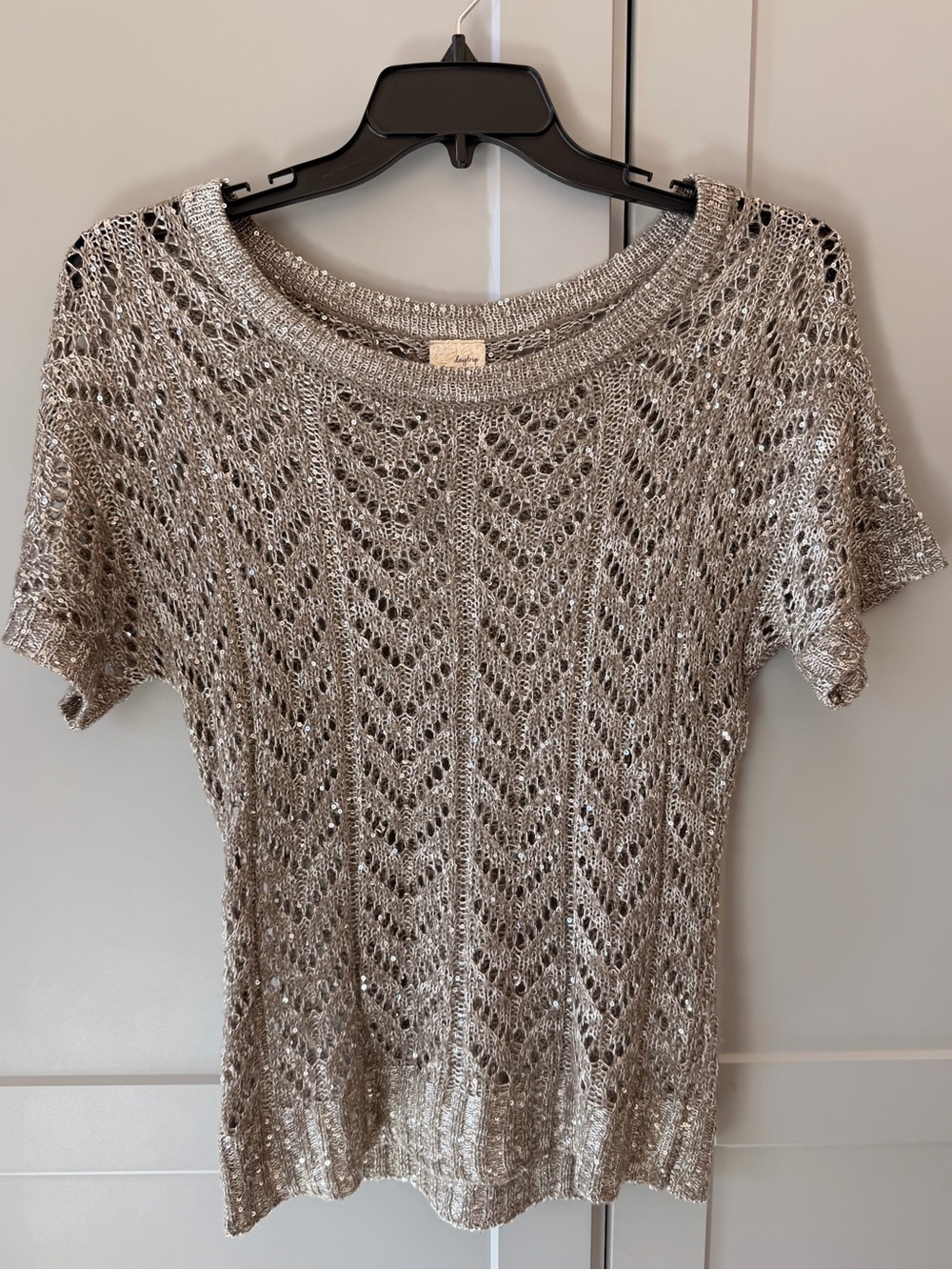Daytrip Metallic Sequin Open Knit Crochet Sweater Top Boho Y2K Medium
